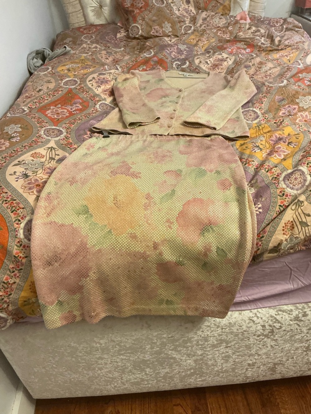 St. John Pastel Floral Knit Two-Piece Set - Pink, Yellow, Green